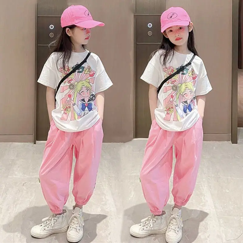 

Girls Summer Suit New Korean Style Youth Teenage Girls Fashion Anime Print T-shirts+Pants 2pcs Sets 4-14 Years Old Girls Clothes