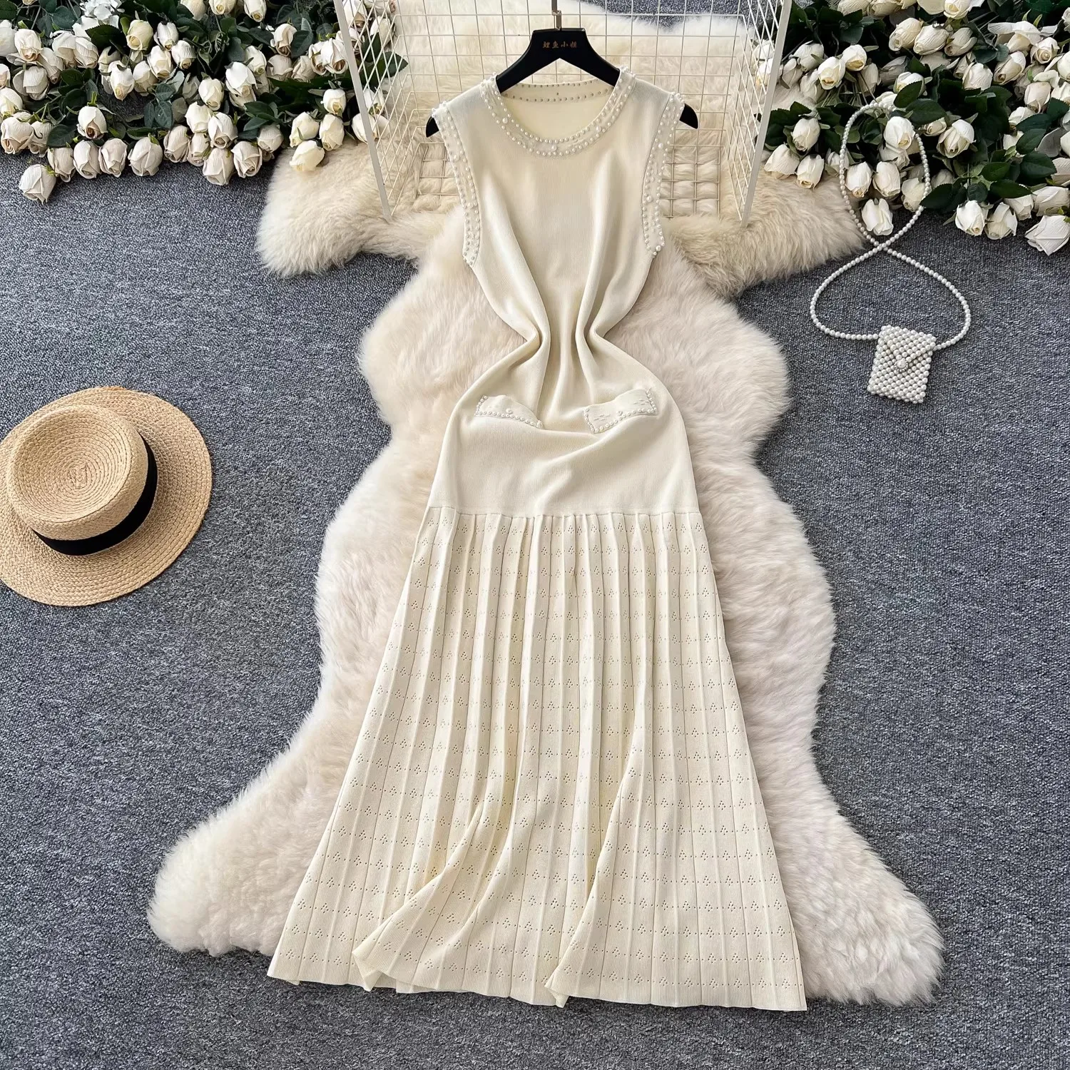 

Summer Elegant Sleeveless O-Neck Long Knitted Dress Beaded A-Line Pleated Casual Female Party Wear Lady Vestidos