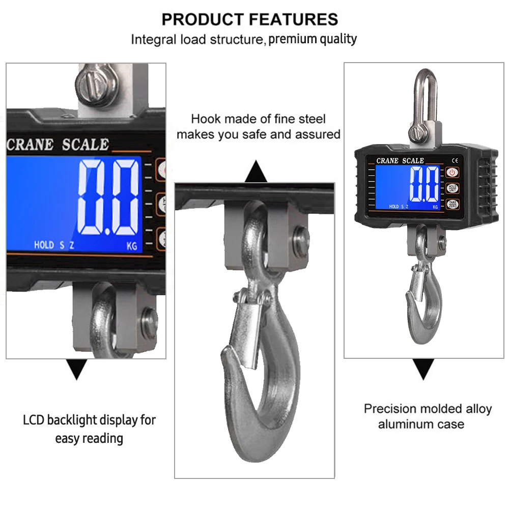 Digital Hanging Scale 1000kg/ 2204lbs Portable Heavy Duty Crane Scale LCD Backlight Industrial Hook Scales Unit Change