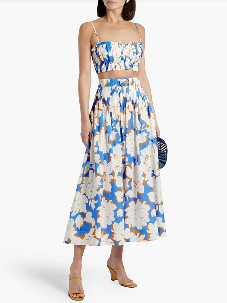 2025 ฤดูร้อนผู้หญิงRetroเรขาคณิตพิมพ์แนวตั้งจีบHalterหน้าอก 2 ชิ้นชุด + สายรัดเอวสูงหลวมจีบกระโปรงชุด