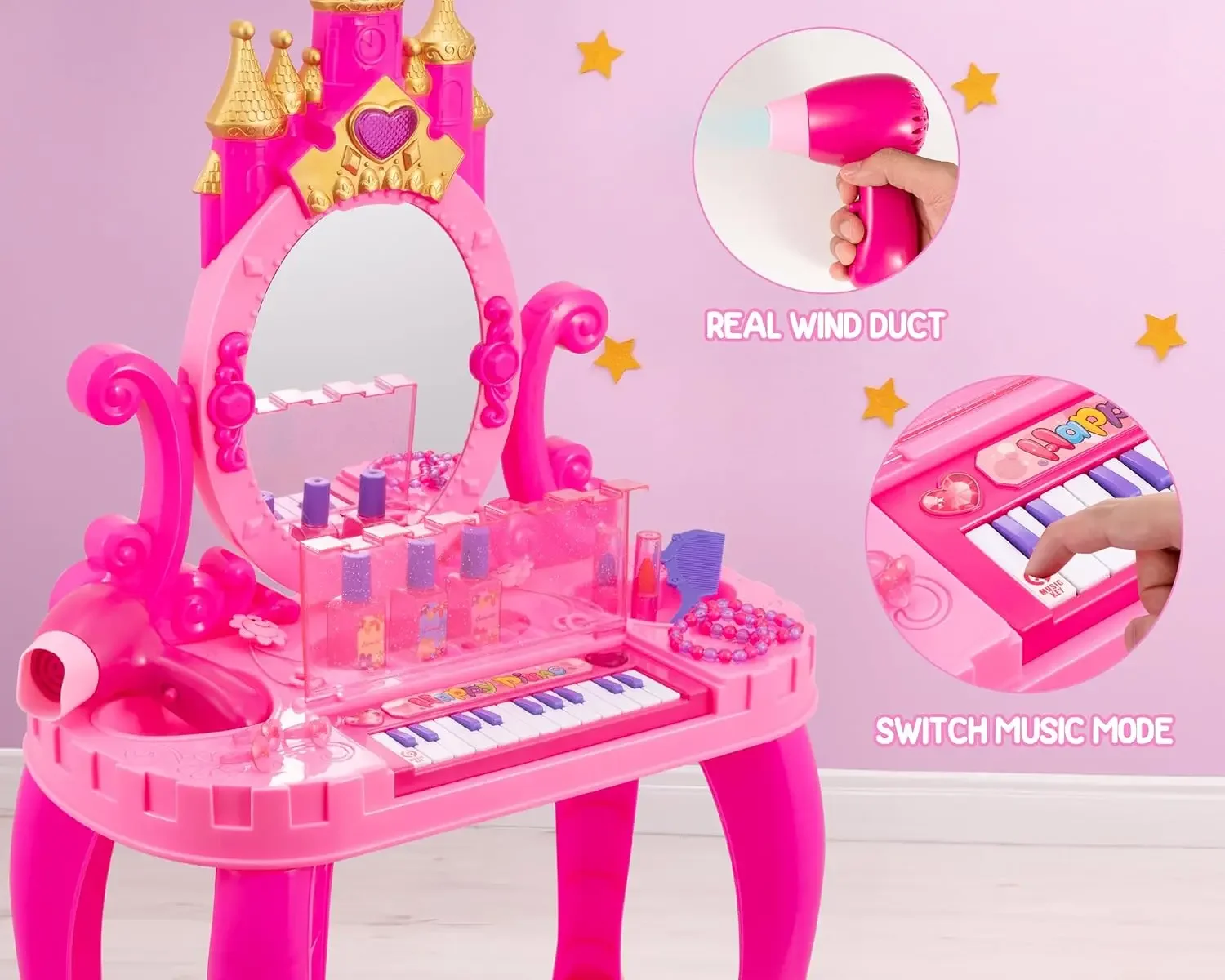 Jouet de table de maquillage avec miroir réglable, siège confortable, orgue électronique, lumières pour petites filles, ensemble de vanité pour tout-petits