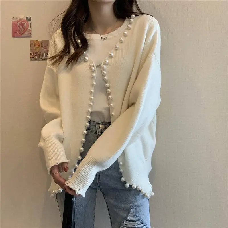 Spring and Autumn Lazy Style Design Sense Pearl Edge Sweater Women\'s French Outfit Versatile Knitted Cardigan Coat