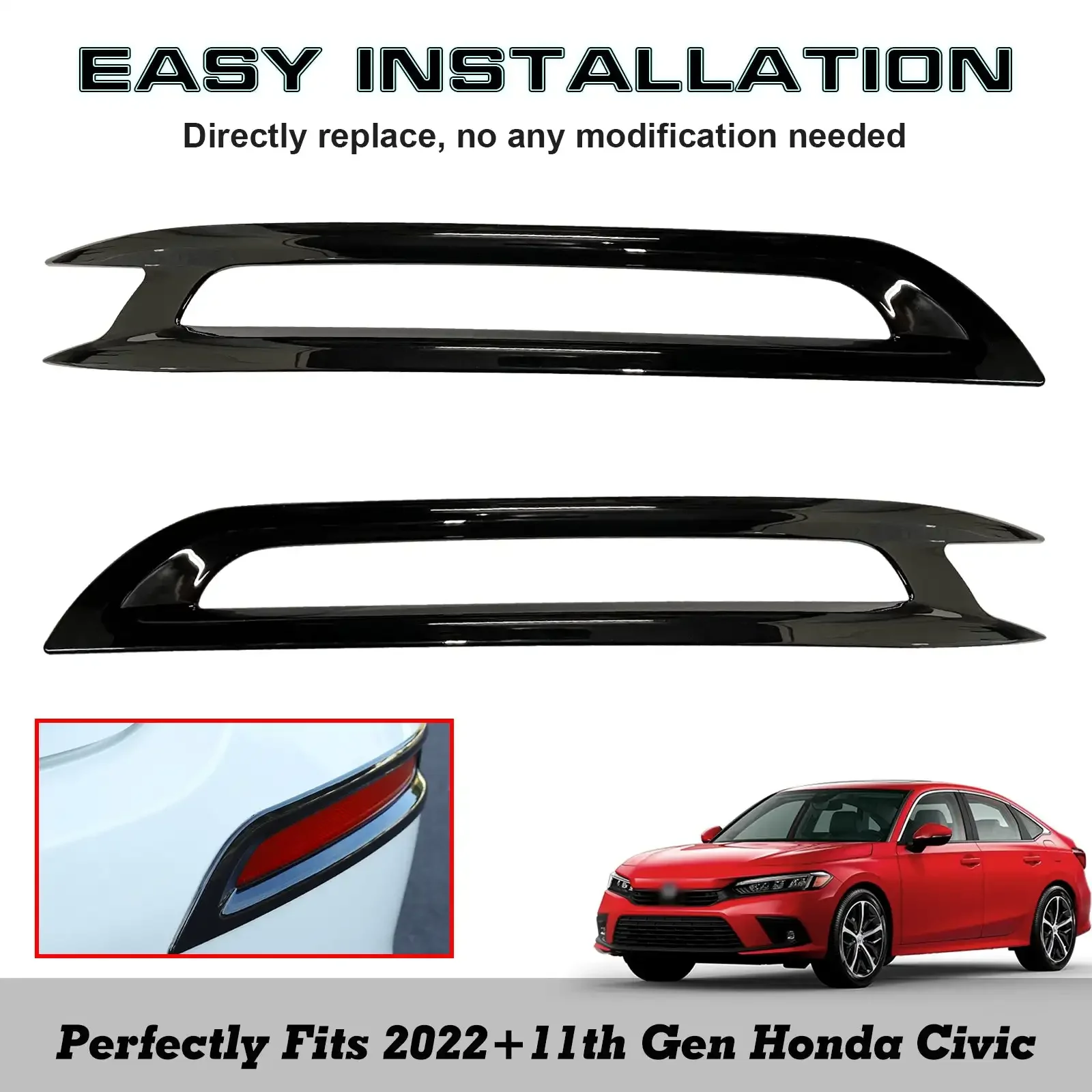 2pcs Glossy Black Rear Bumper Reflector Fog Light Lamp Bezel Overlay Cover Molding Trim For Honda Civic 11th Gen 2022 2023+