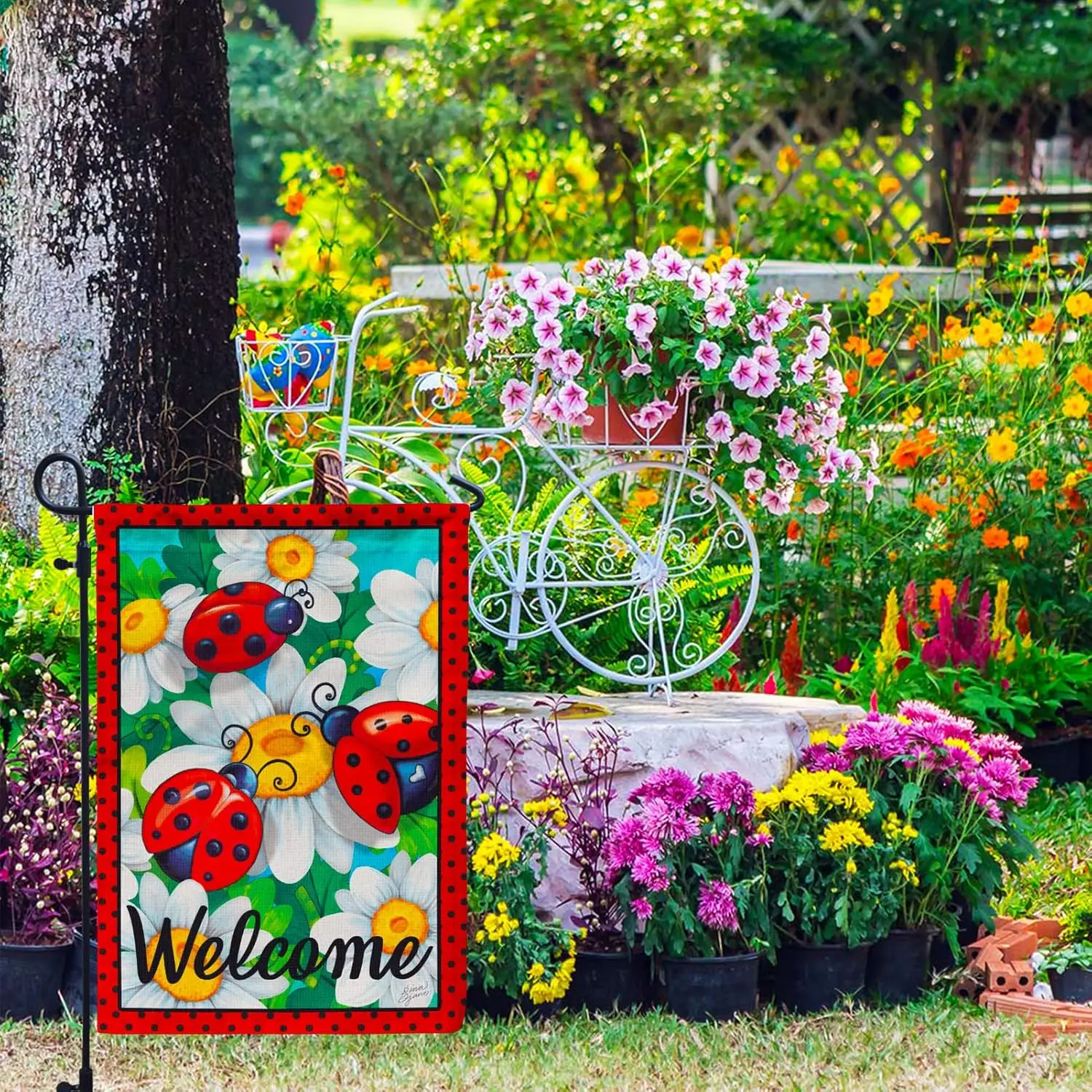 PAMBO Welcome Summer Garden Flag, Ladybug Flower 12x18 Inch Decorated Garden Flag - Perfect for Your Outdoor Hanging Decorations