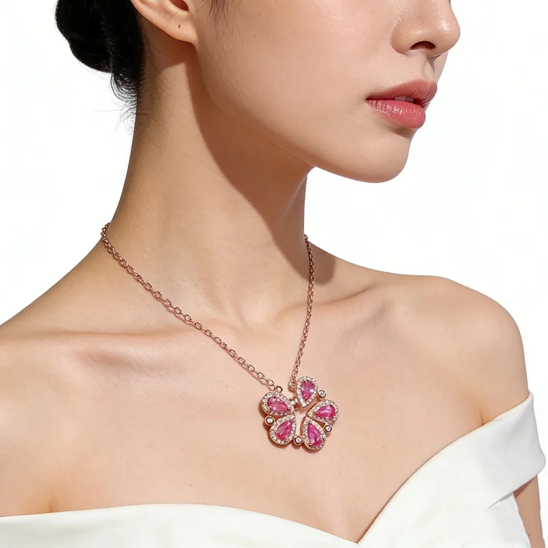 

Five-Stone Pear Pink Sapphire flower Necklace S925 Silver Rose Gold Plated With CUG Gem Certificate