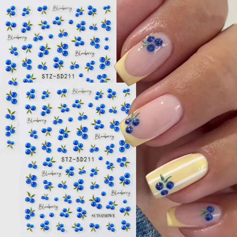 2 Stück 5D geprägte Blaubeer-Nagelkunst-Sticker, tropische, simulierte blaue Früchte, selbstklebende Nagelsticker, Sommerurlaub-Nageldeko