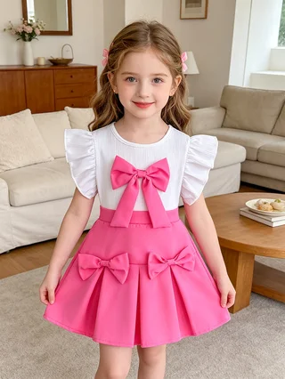 Sweet Korean‑style Girls' 2‑Piece Outfit, Flutter‑Sleeve Top with Large Bow Decoration & High‑Waist Pleated Skirt