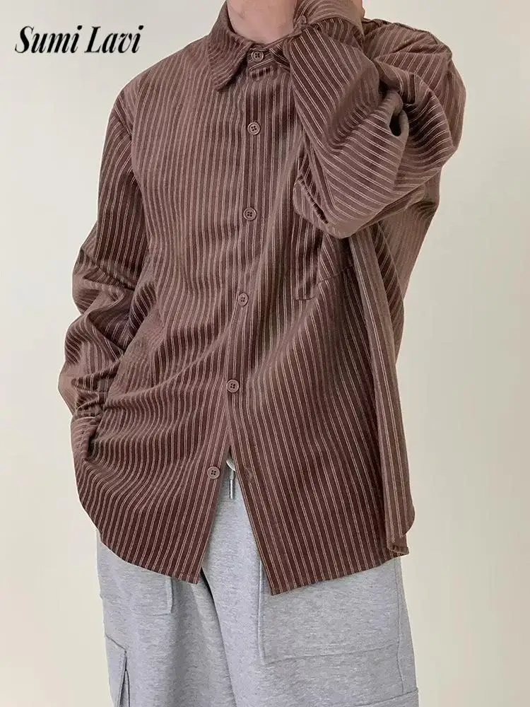 

Fashionable Striped Corduroy Shirts For Mens Spring Long Sleeve Button-up Turn-down Collar Casual Shirt Vintage Men Cardigan Top