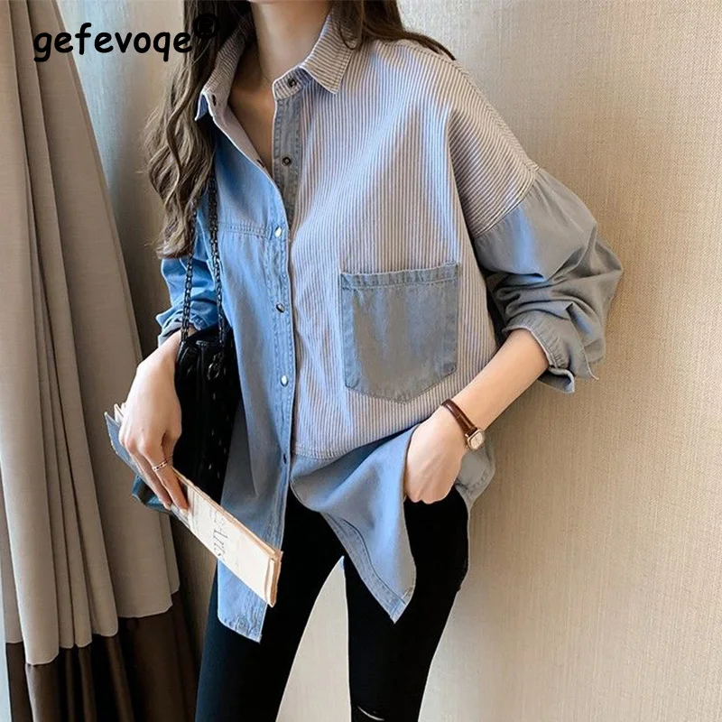 Korean Spring Autumn Female Clothing Striped Printed Denim Shirt Fashion Turn-down Collar Button Pockets Long Sleeve Mid Blouses