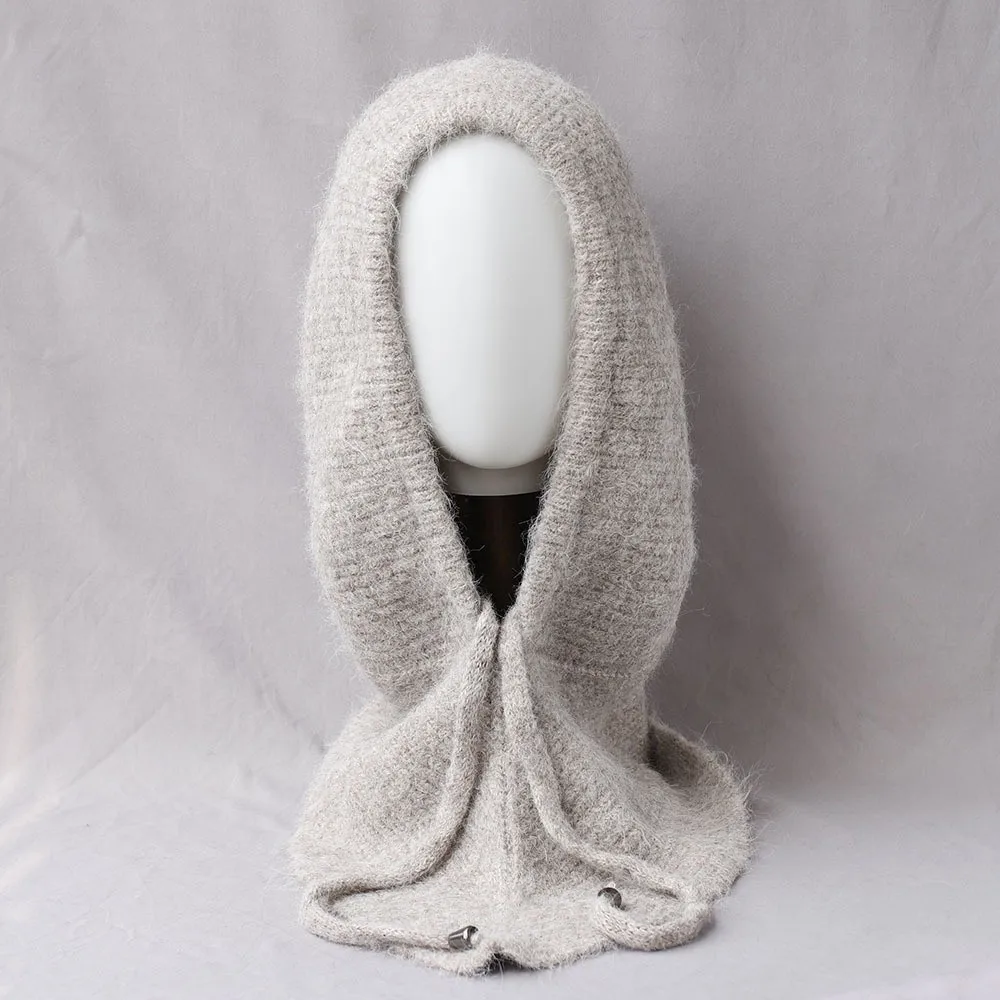 Trendy Style Winter Balaclava Hat Thick Yarn Ear Protection Solid Color Beanie Elastic Ribbed Cozy Fleece Integrated Scarf Cap
