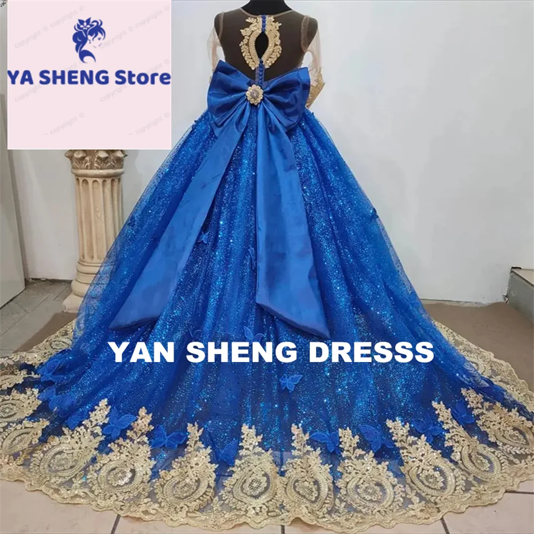 CustomizedDecal Gorgeous Long Sleeves Wedding Evening Flower Girl dress Dresses  Lace Big Bow Long Train First Communion Gown