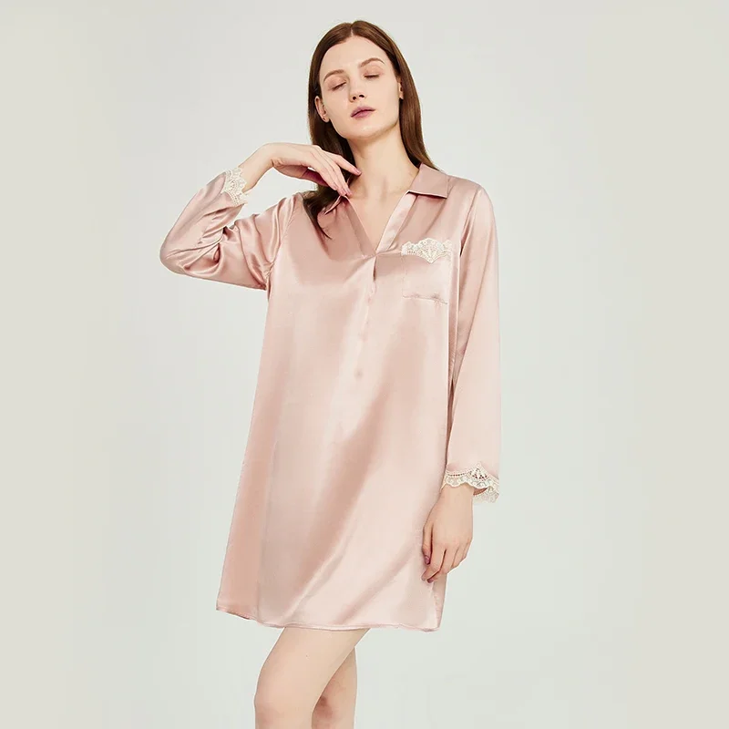 

100% Real Silk Lapel V Neck Chemise Nightshirts Lace Pocket Sleepdress Homewear Sexy Nightgown Summer Short Pajama Nightdress