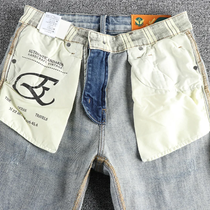 New wash light blue ground white jeans men\'s spring American fashion brand small straight leg retro casual youth pants
