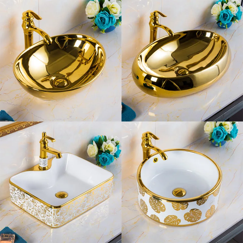 golden tabletop basin, gold edge wash basin, bathroom ceramic wash basin, creative household electroplating art basin