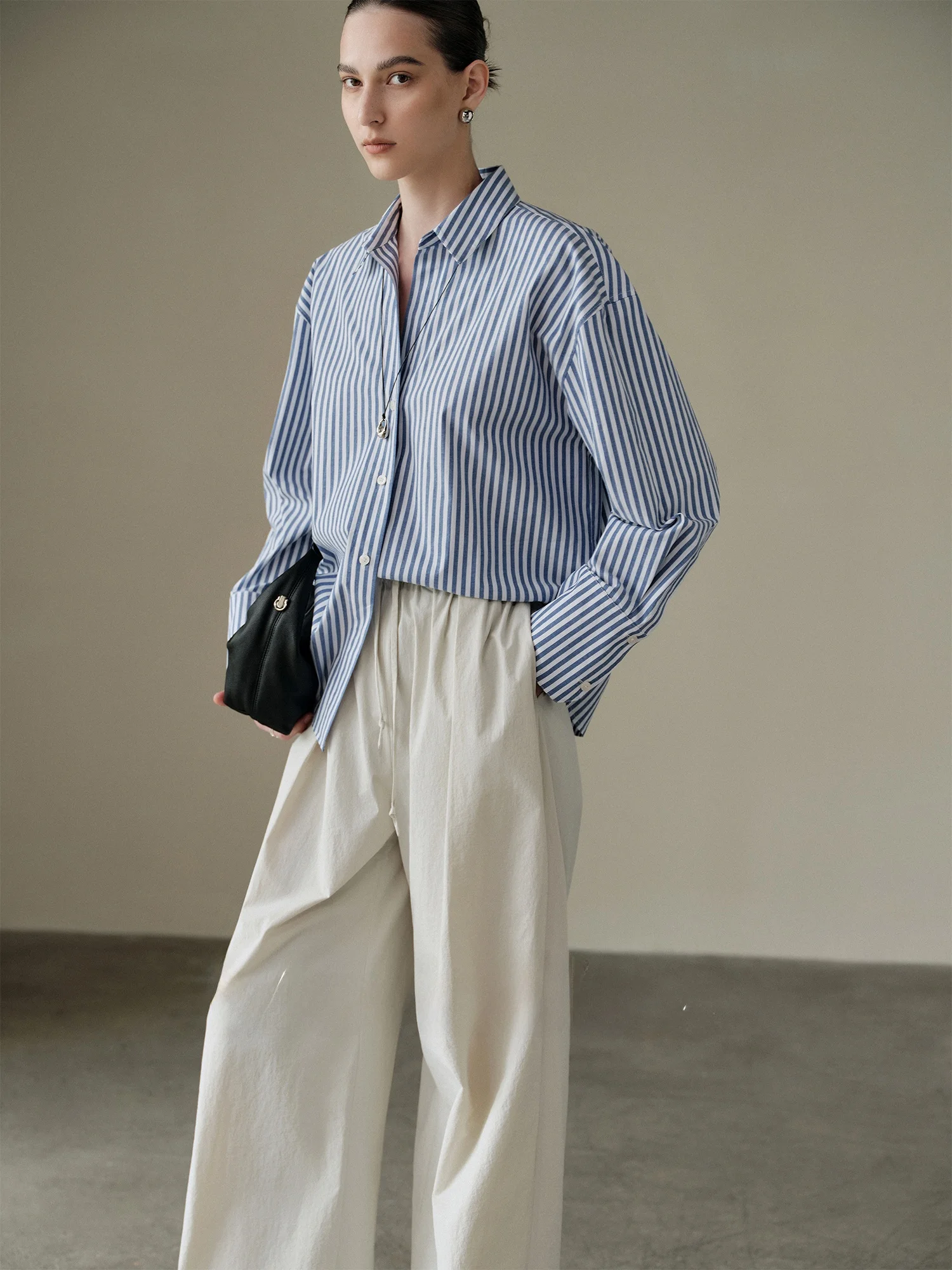 

High Cotton Content Striped irt V Ne Flip Gulf Old Money Breathable Color Woven Moving Glow Casual Sle Loose Fit Long S...