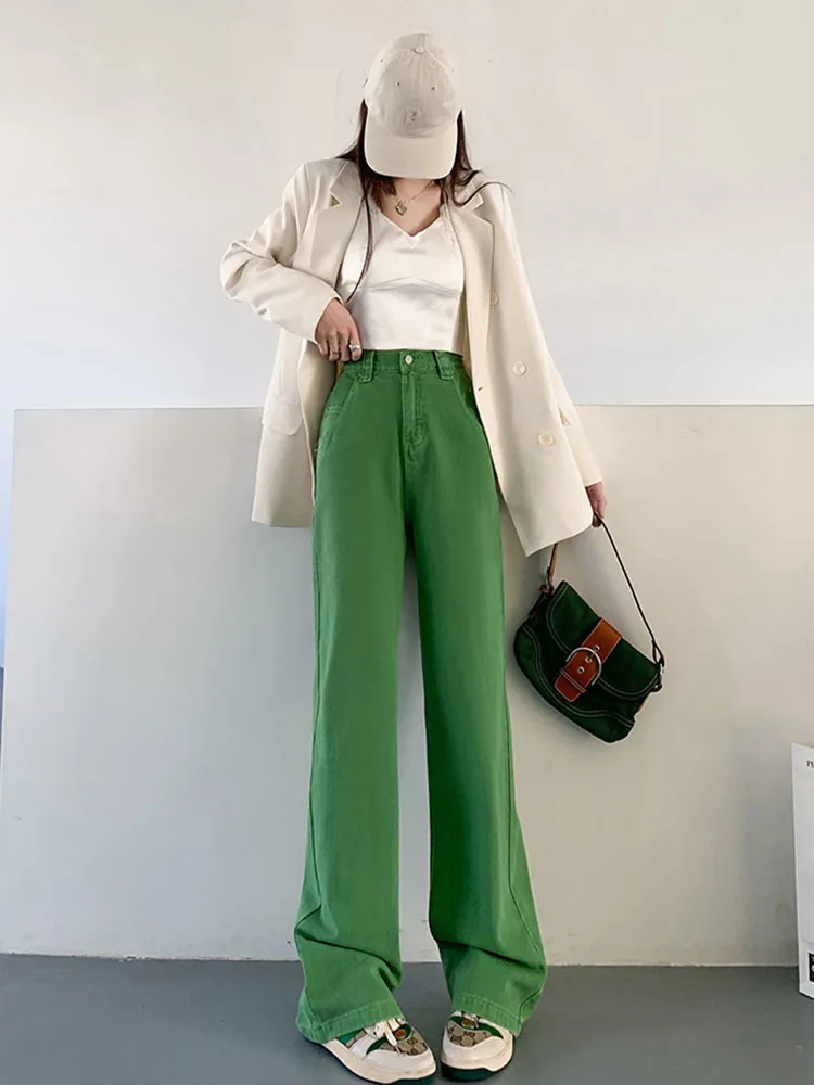 High Waist Wide Leg Green Pockets Zipper Casual Jeans New Loose Women Trousers Fashion Tide Spring Autumn 2023