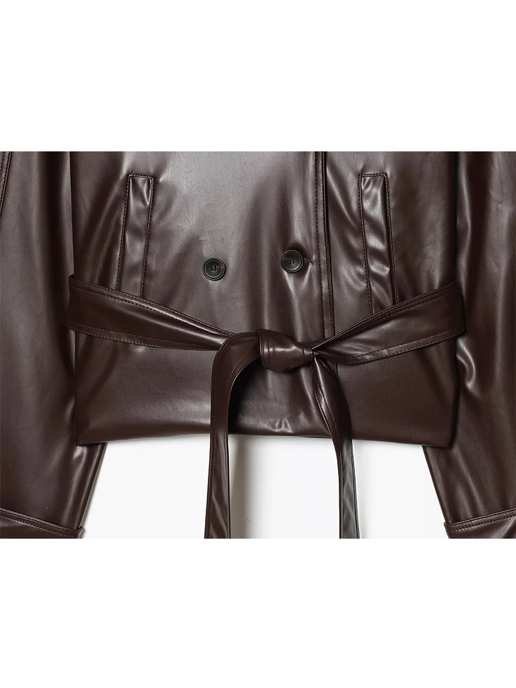 TFMLN Cappotto da donna con cintura in ecopelle Risvolto doppio petto Giacca corta in pelle PU Cappotti Giacca da donna alla moda vintage High Street