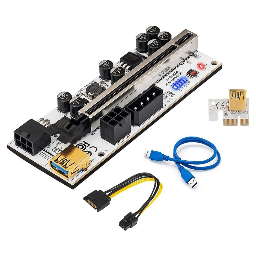 6Pcs VER010-X USB 3.0 PCI-E Riser PCI Express 1X 4X 8X 16X Extender Riser Adapter Card SATA 15Pin to 6Pin Power Cable