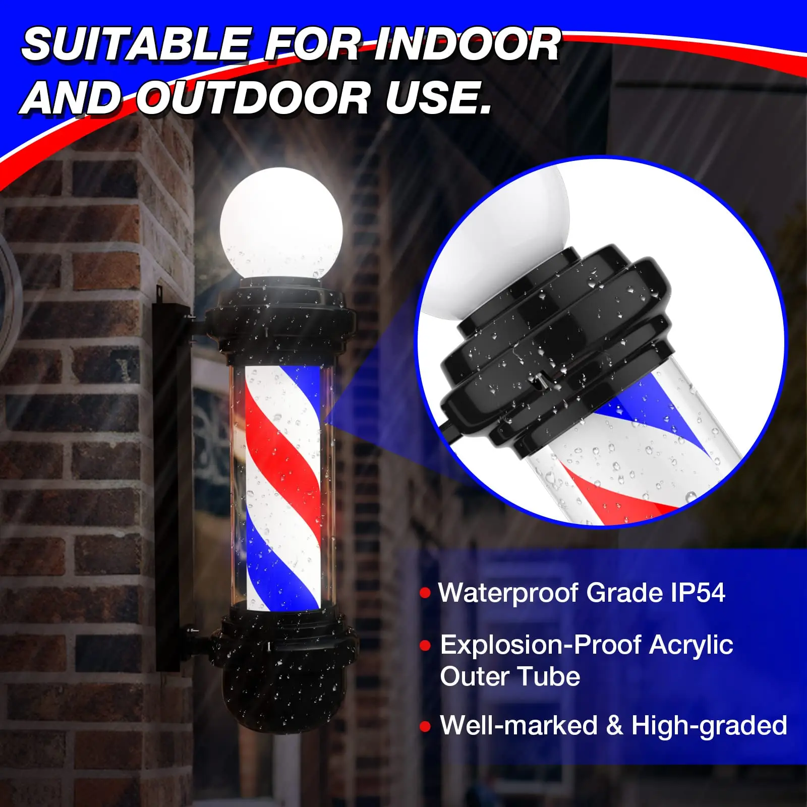 26.7'' Barber Pole Light Hair Salon Barber Shop Open Sign Rotating LED Strips Waterproof Save Energy Wall Mount Light - Image 2