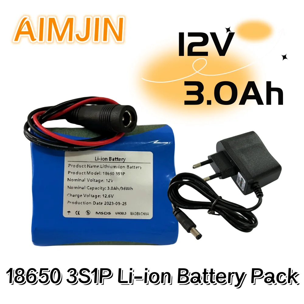 

12V 3000mAh 3S1P 18650 Lithium Battery Pack Suitable For Projector, Speaker, And Wireless Monitoring Battery +12.6V Charger