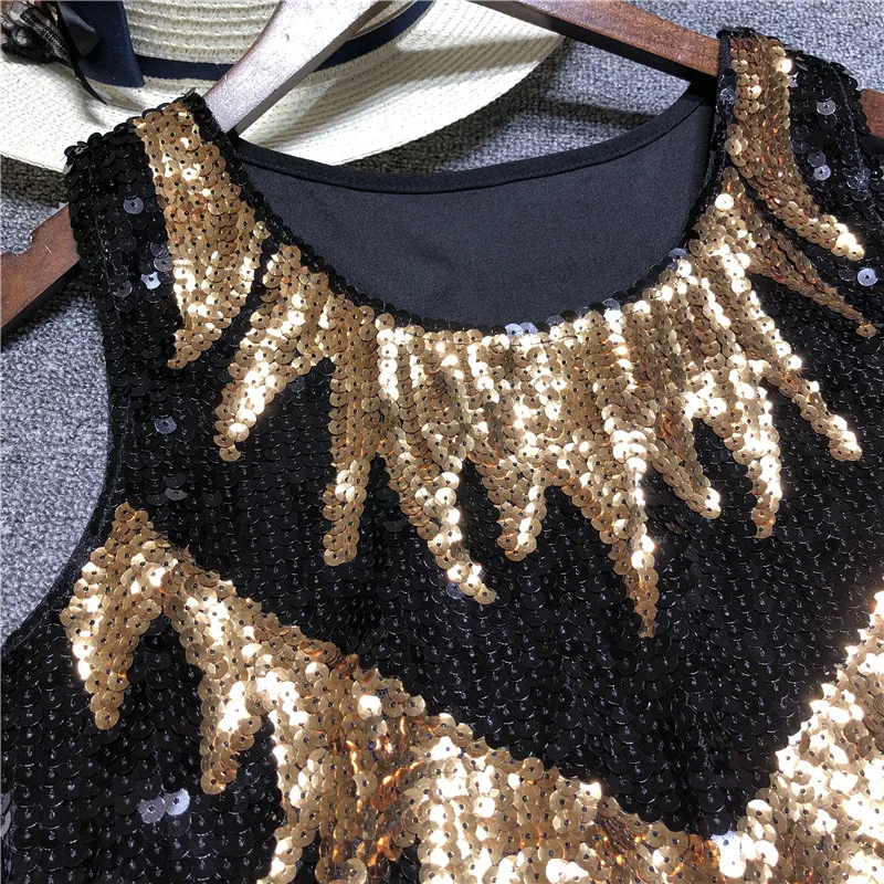Summer New Women Shine Glitter Sequin Embellished Sleeveless Trees Vest Tank Tops Fashion Cocktail Party Clubwear