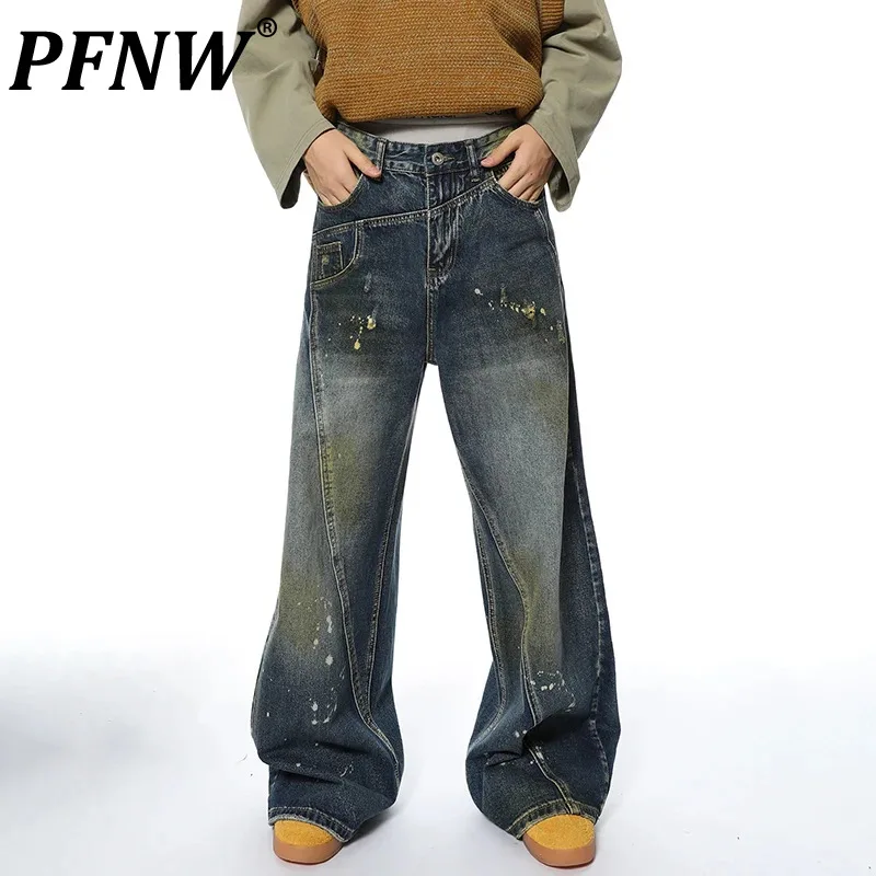 

PFNW American Heavy Art Splash Ink Jeans Men's Worn-out Washed Loose Trousers Straight Leg Denim Pants 2024 Autumn Chic 28W4242