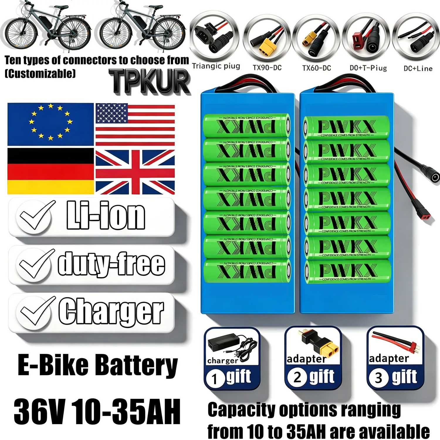 TPKUR 36V 10S6P Lithium Battery Pack | 10-35Ah Full Capacity Coverage, Suitable for 100-1000W Full Power, Built-in BMS