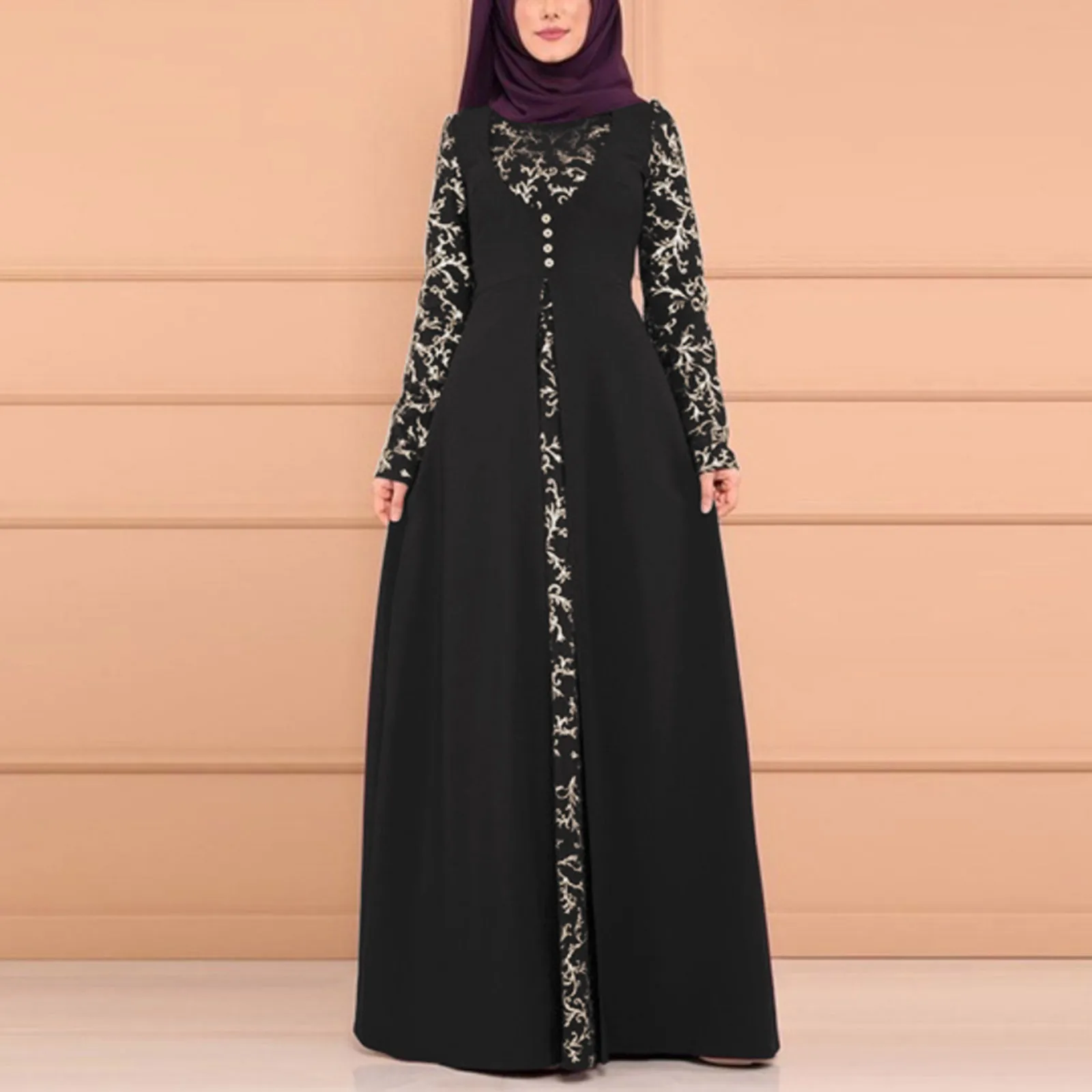 

2024 Muslim Lace Dress Elegant Long Dress High Waist Long Sleeve Dress With Button Casual Tunic Dress Muslim Dress For Women