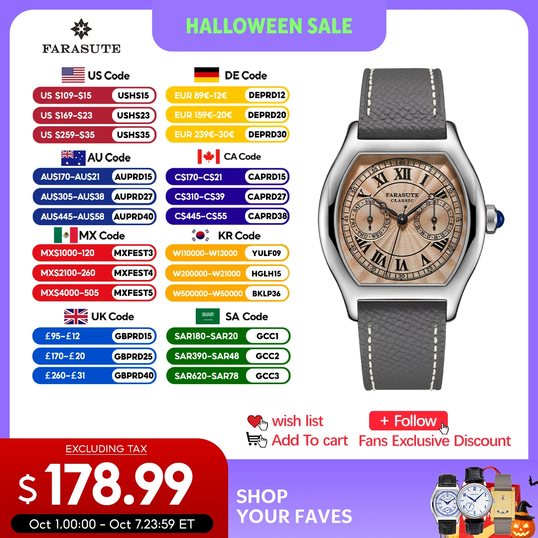 FARASUTE 36mm Luxury Retro Men Quartz Watch VH64 Movement Stainless Steel Sports Fashion Sapphire Glass Waterproof Watch Relogio