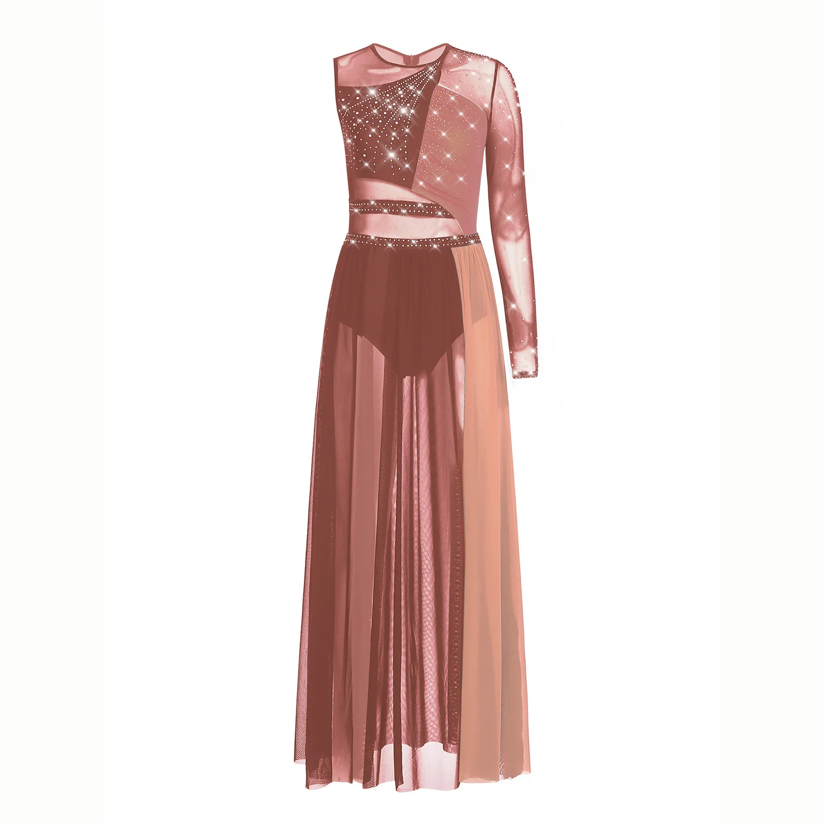 

Elegant Womens Lyrical Dress Modern Figure Skating Costume Rhinestones Side Split Mesh Dress Costume for Dance Party Performance