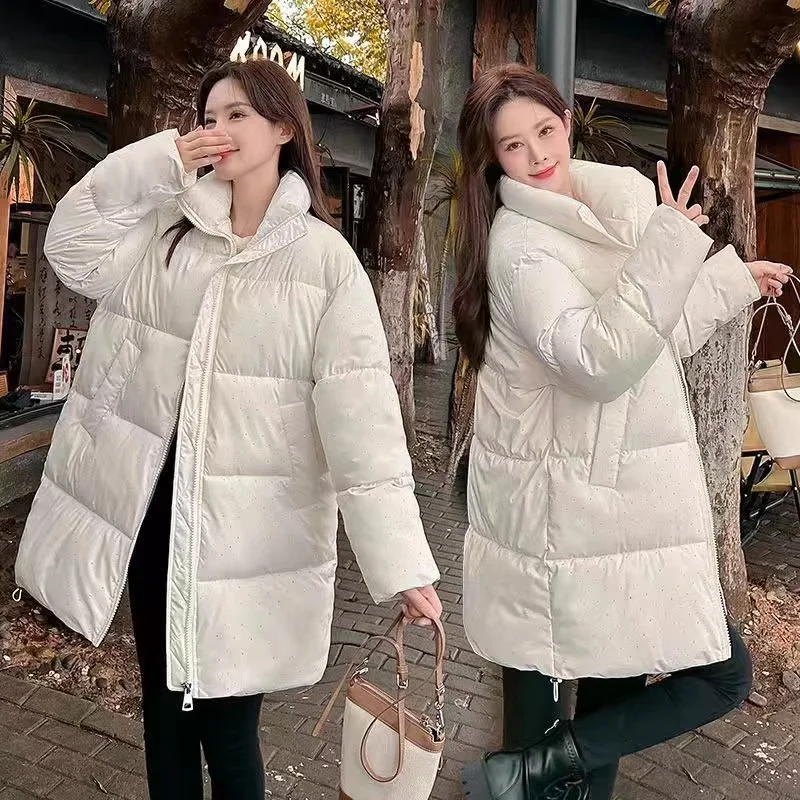 Winter Thick Warm Parkas Women Fashion Long Down Coats Women Elegant Zipper Wave Spot Cotton Jackets 2024 New Female Ladies