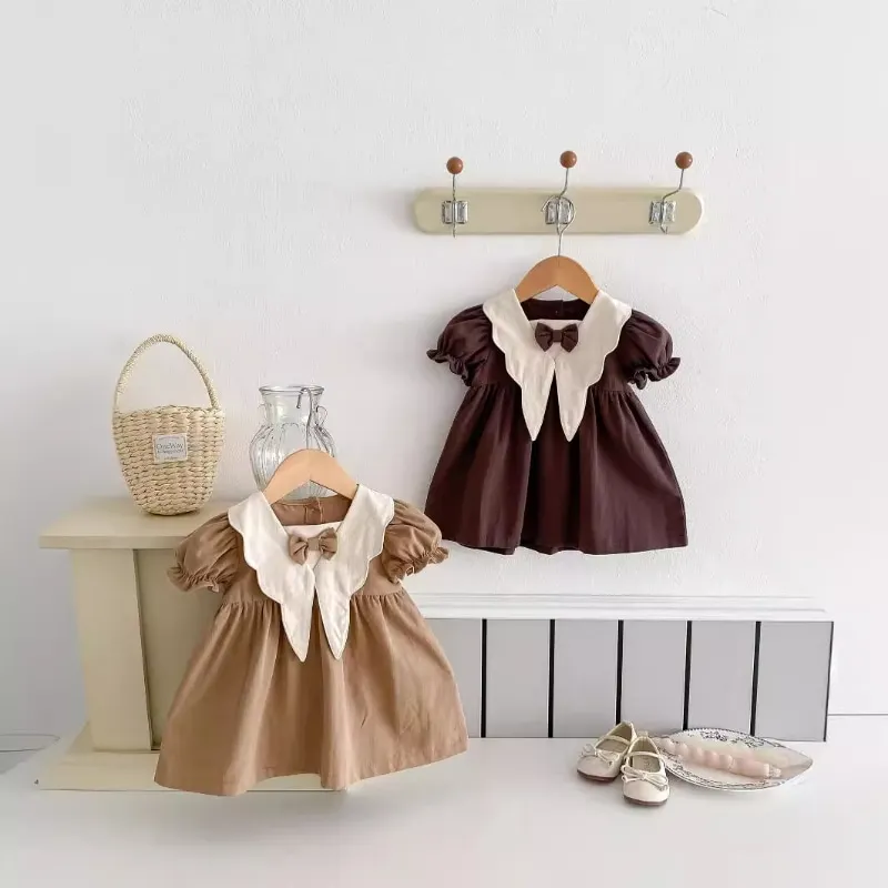 Newborn Baby Girl Bow Cotton Dress Summer Infant Toddler Child Casual Solid Color Short Puff Sleeve Vestido Baby Clothes 9M-3Y