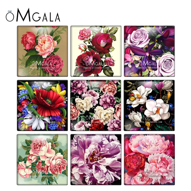 

Vintage Red Rose Flowers Oil Paintings 10pcs mixed 12mm/20mm/25mm/30mm photo glass cabochon demo flat back Making findings