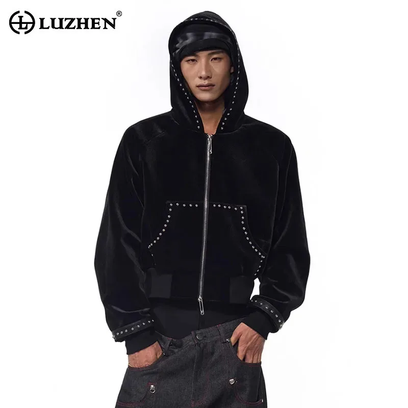 

LUZHEN 2025 New Patchwork Design Rivet Metal Decorate Hooded Coat Men's Trendy Solid Color High Quality Streetwear Jacket JY3010