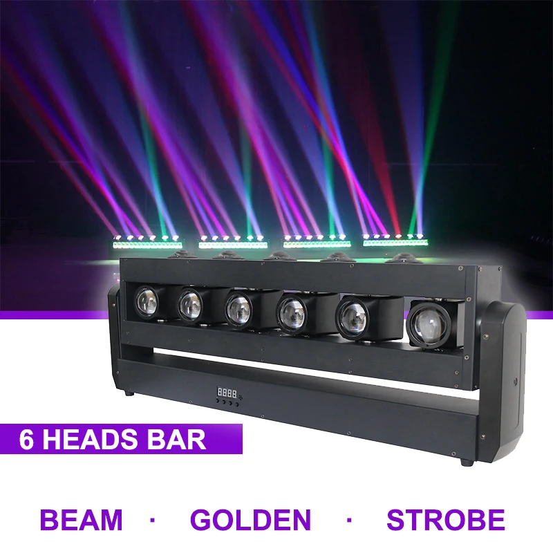 Sunart 6 Moving Heads Bar With Golden Beam Strobe 3 in 1 Fixture For DMX Stage Effect Lighting Disco DJ Events Shows Night Club