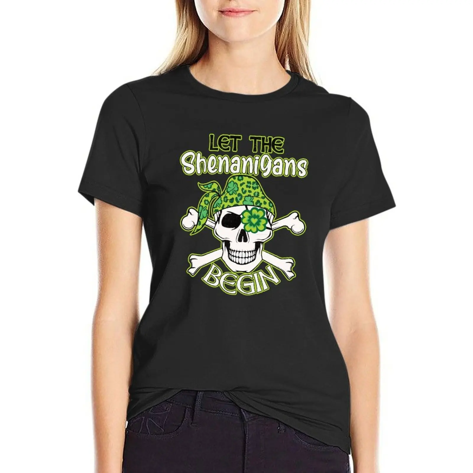 Let the Shenanigans Begin Grinning Skull and Crossbones with Shamrock eyepatch T-Shirt oversized anime Womens graphic t shirts