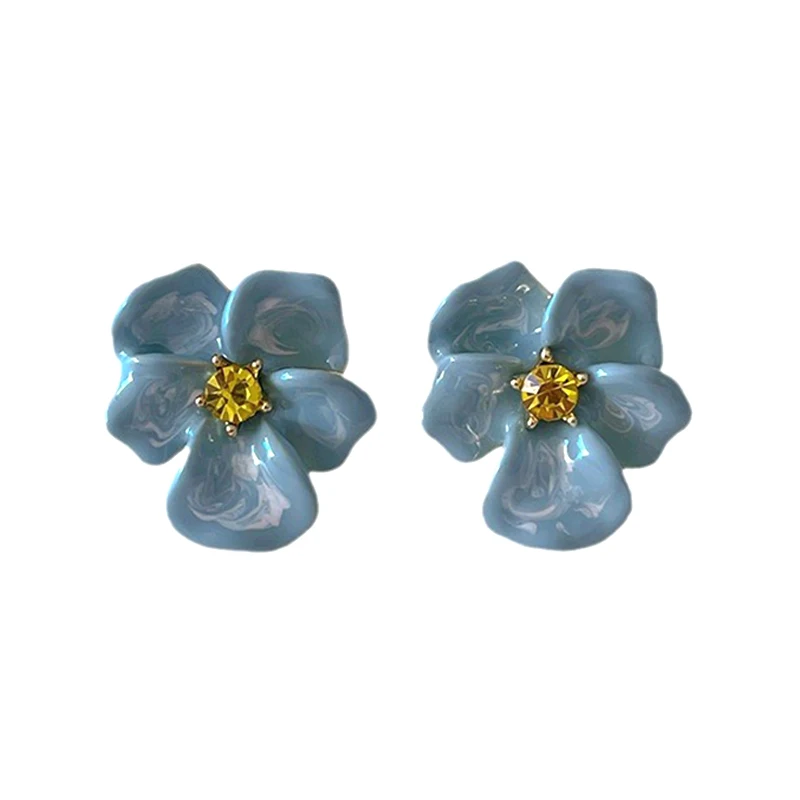 Metal Flower Blue Enamel Petal Post Earrings For Women Fashion Jewelry Elegant Holiday Accessories Fancy New Styles Gifts C1654