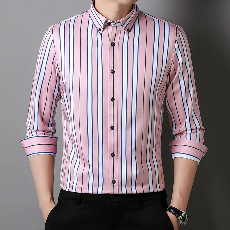 Men Spring Summer Comfortable Vertical Striped Strech Mens Dress Shirts Long Sleeve Soft Business Work Shirt  No Pocket Male