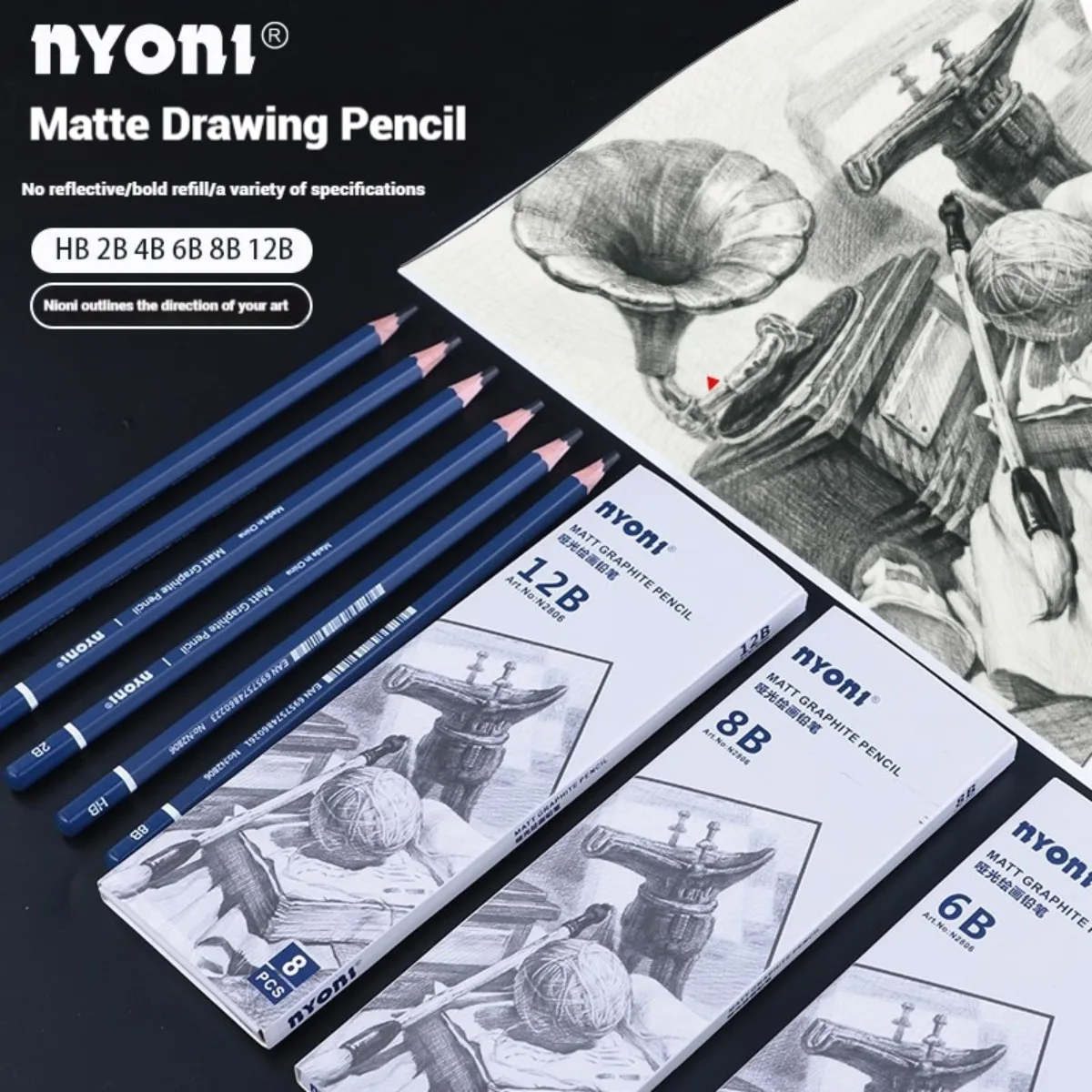 HB-16B NYONI Matte Graphite Pencil Set,For Charcoal Sketch,Highlight,Shadow Painting Hard Carbon Pencil Art Supplies Stationery