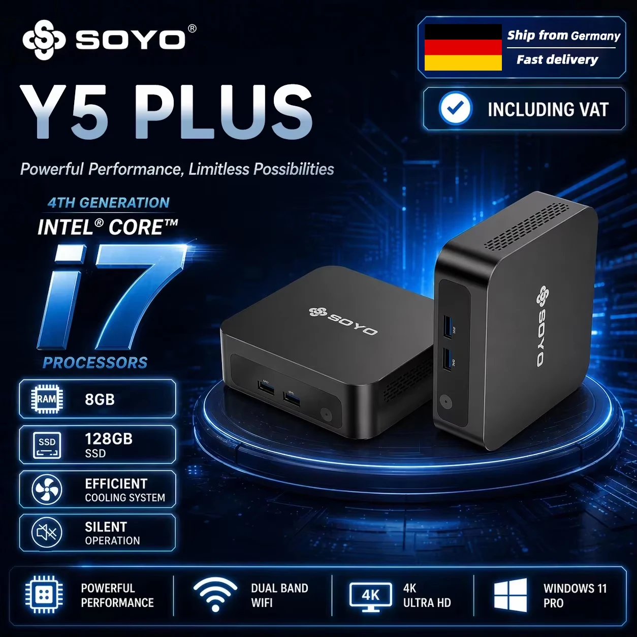 SOYO Y5 Plus Mini-PC Intel 4. Generation Intel Core I7 Prozessor 8GB RAM 128GB SSD Windows 11 PRO Bluetooth WIFI5 Display Mini-Computer