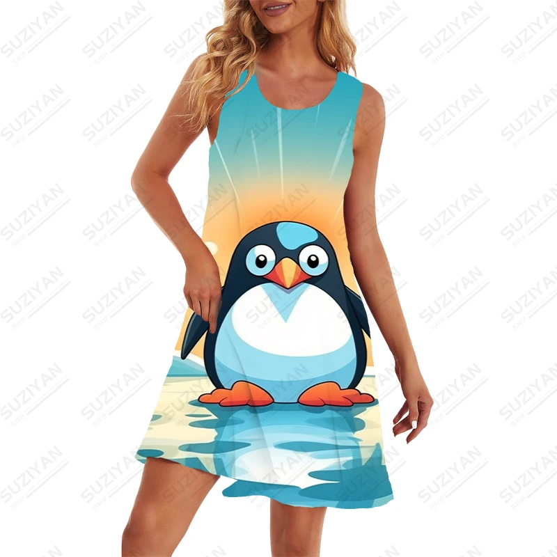 

Kawaii Penguin 3D Printing Dress Women's Comfortable Breath Dress Daily Casual Round Neck Dress Summer Sleeveless Dress