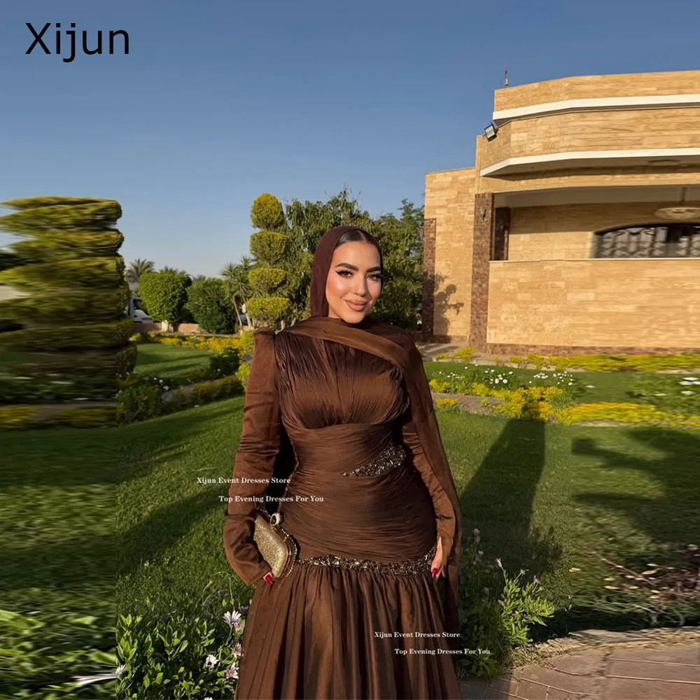 

Xijun Elegant Brown Evening Dresses Long Sleeves Pleated Luxury Dubai Prom Dresses Beads A-Line Formal Prom Gowns Customized