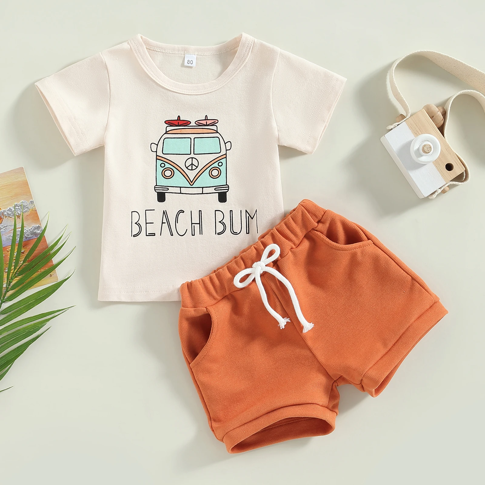 

1-5Y Kids Baby Girls Holidays Clothes Set Summer Toddler Baby Boy Short Sleeve Bus Print T-Shirt Pocket Shorts Set Beachwear