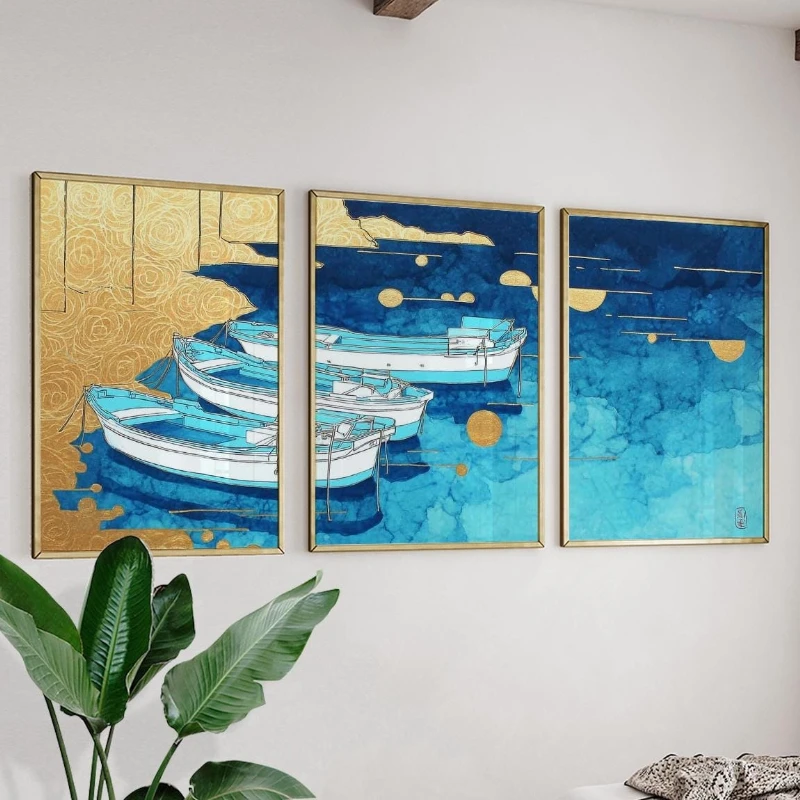 3PCS  Frameless,3pcs Medieval-Style Deep Blue Coastal Ship Poster | Nighttime Fishing Boat Canvas Art Wall Decor | Home Living R
