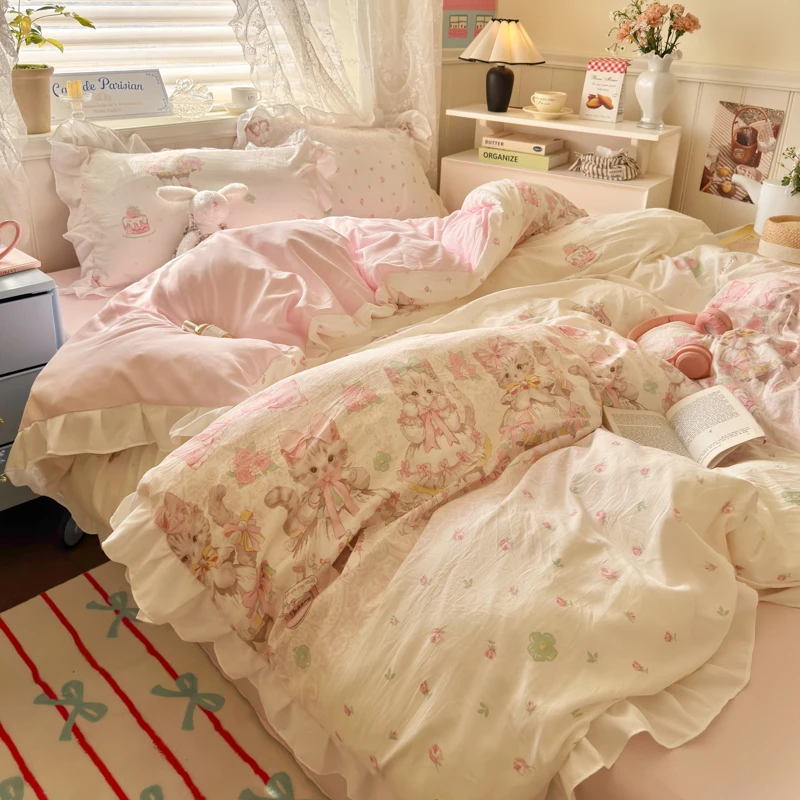 4Pcs  Floral Cute Single Double Queen Bedding Set Girls Princess Style Ruffle Duvet Cover Set Flat Bed Sheet Pillowcases