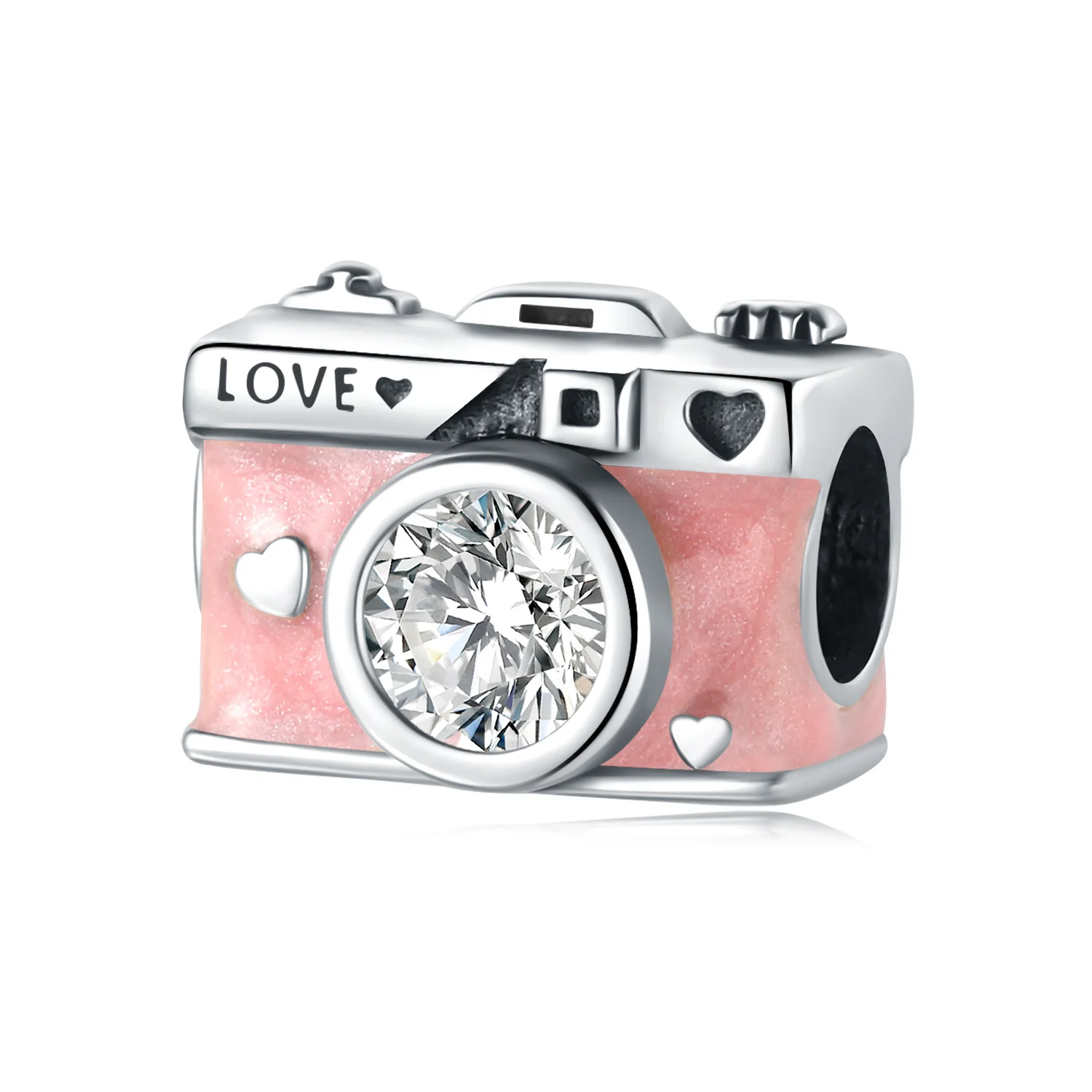 

Original 925 Sterling Silver Charms Luxury Pink Heart Camera Beads Fit Bracelet Diy Women Making Delicate Gift