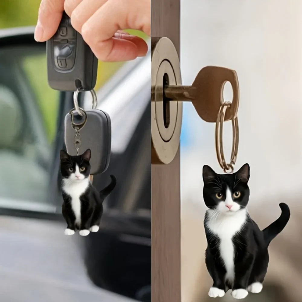 2D Trendy Tuxedo Cat Keychain Acrylic Charming Kitten Pendant Versatile Decor for Car Backpacks Home Festive Party Gift For Her