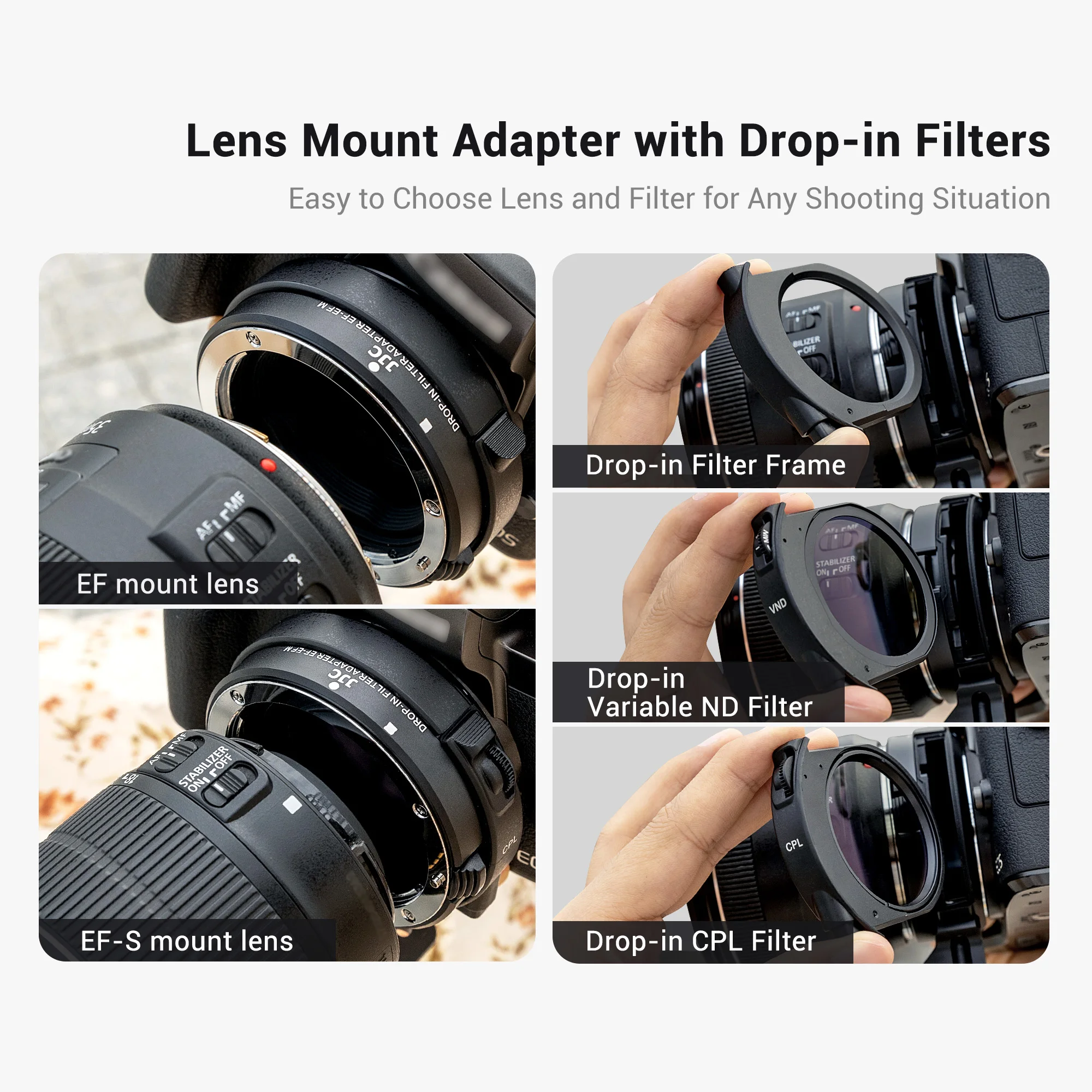 JJC EF-EOS M Mount Adapter with ND CPL Filters for Canon EF/ EF-S Lens to EF-M Mount Camera for EOS M50 Mark II M200 M100 M6 M5