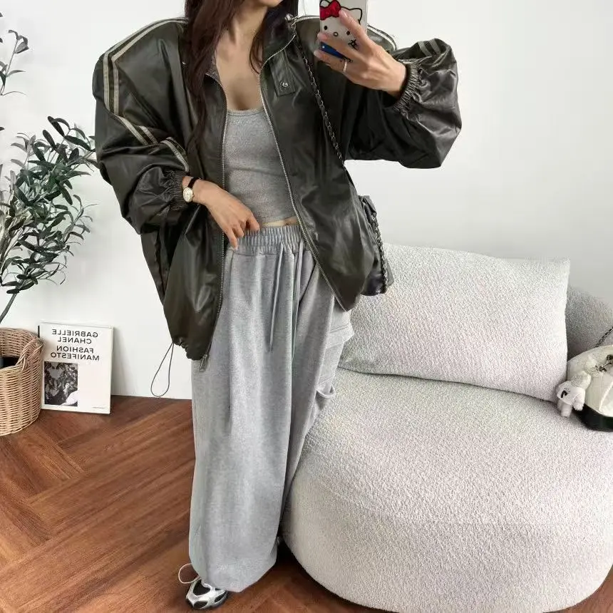 Korean Style Women's Fashionable Striped Zipper Motorcycle Shape Jacket Spring Autumn Drawstring Stand Collar Outerwear