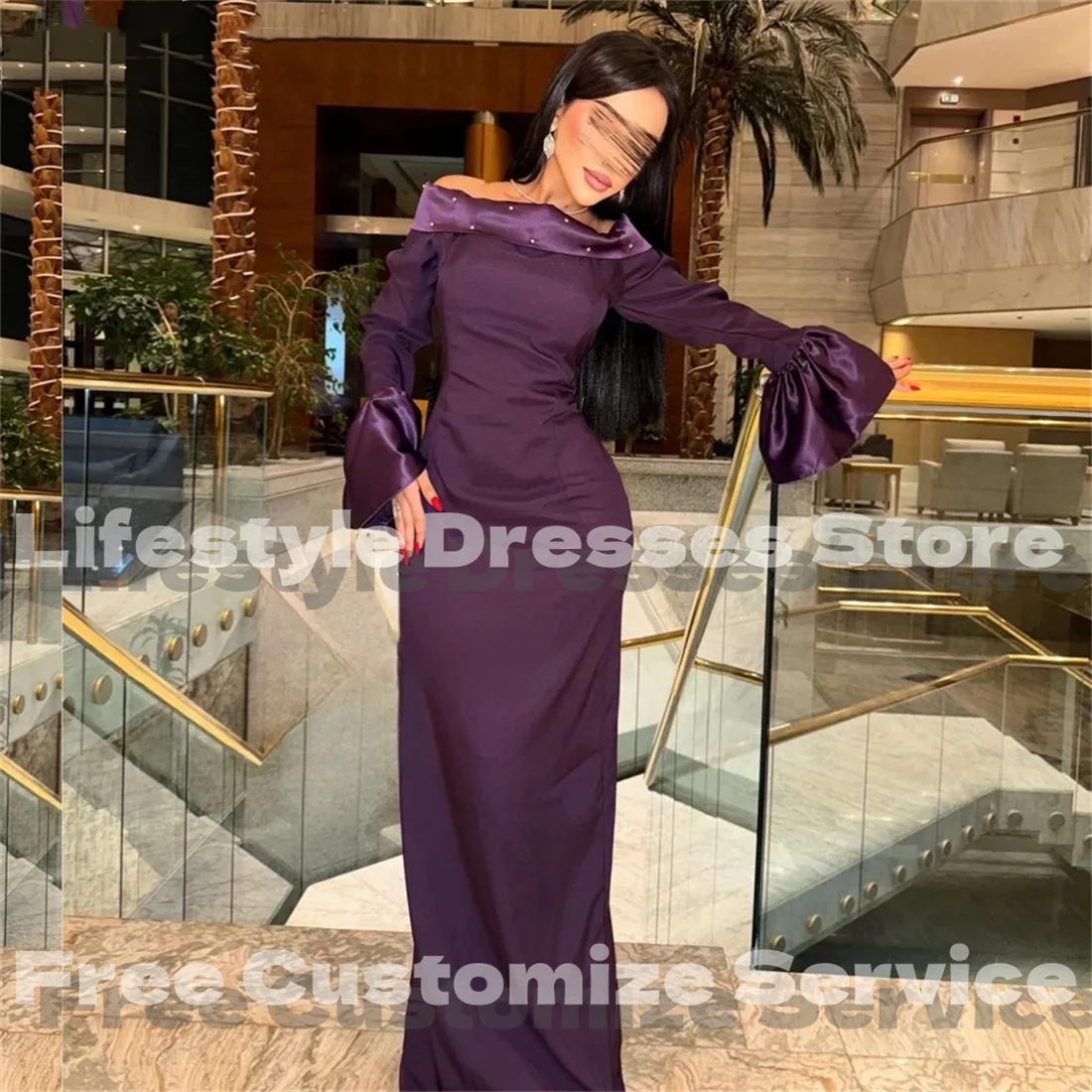 Maßgeschneidertes Satin-Lila-Perlen-Abendkleid mit langen Ärmeln, Saudi-Damen, süßes formelles Partykleid, Hochzeits-Abschlussballkleid